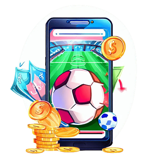 Un téléphone montrant un terrain de football, des balles et des pièces de dollars