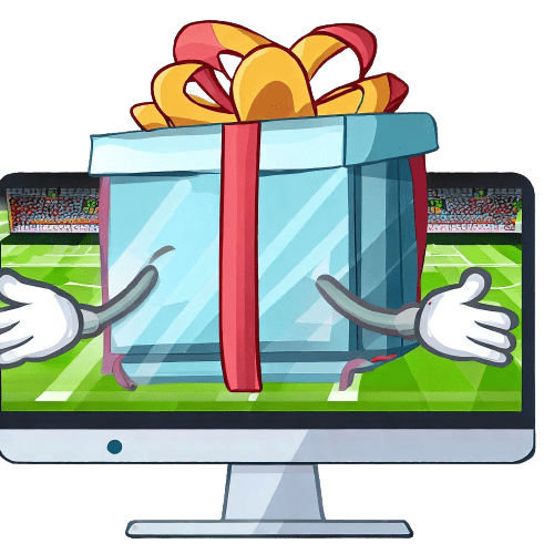 Un Emballage cadeau sur un terrain de football et sortant d’un ordinateur
