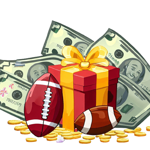 Un emballage cadeau, deux ballons de football américain, des pièces et billets d’argent