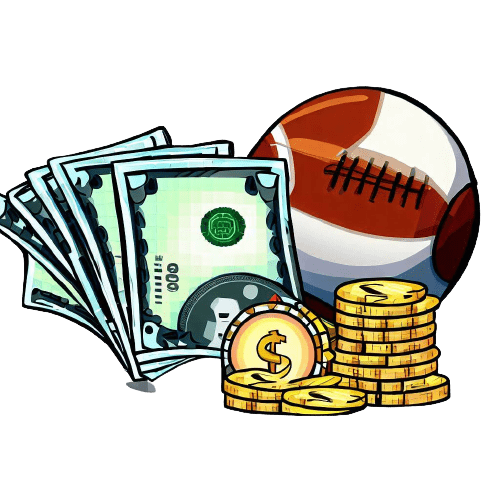 Un ballon de football américain, des pièces et des billets
