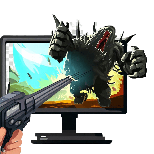 Une main tenant une arme de combat visant un monstre dans un ordinateur