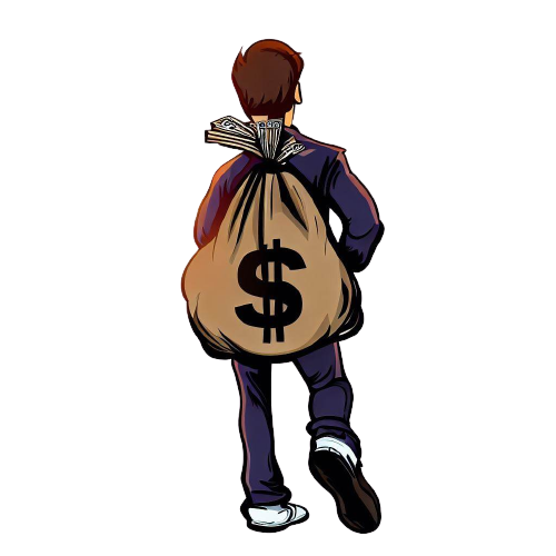 Un homme tenant sur son dos un sac portant la mention du dollar