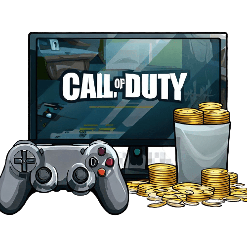 Un ordinateur montrant l’inscription Call of duty, une manette de jeu et des pièces d’argent