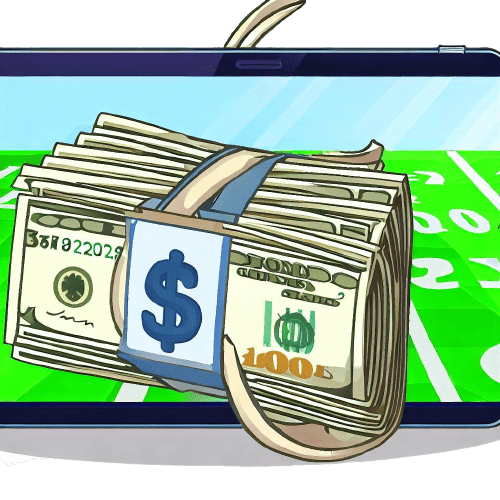Des billets d’argent et un téléphone montrant un terrain de football