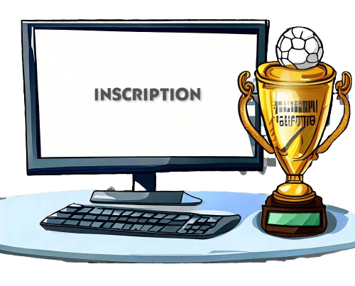 Un ordinateur montrant le mot “inscription” et une coupe de football
