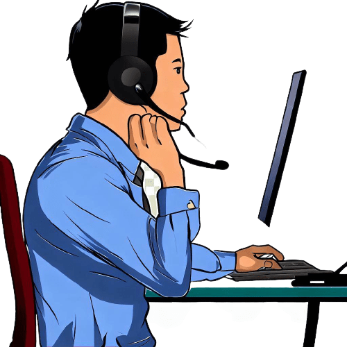 Un homme portant un casque d’appel devant un ordinateur